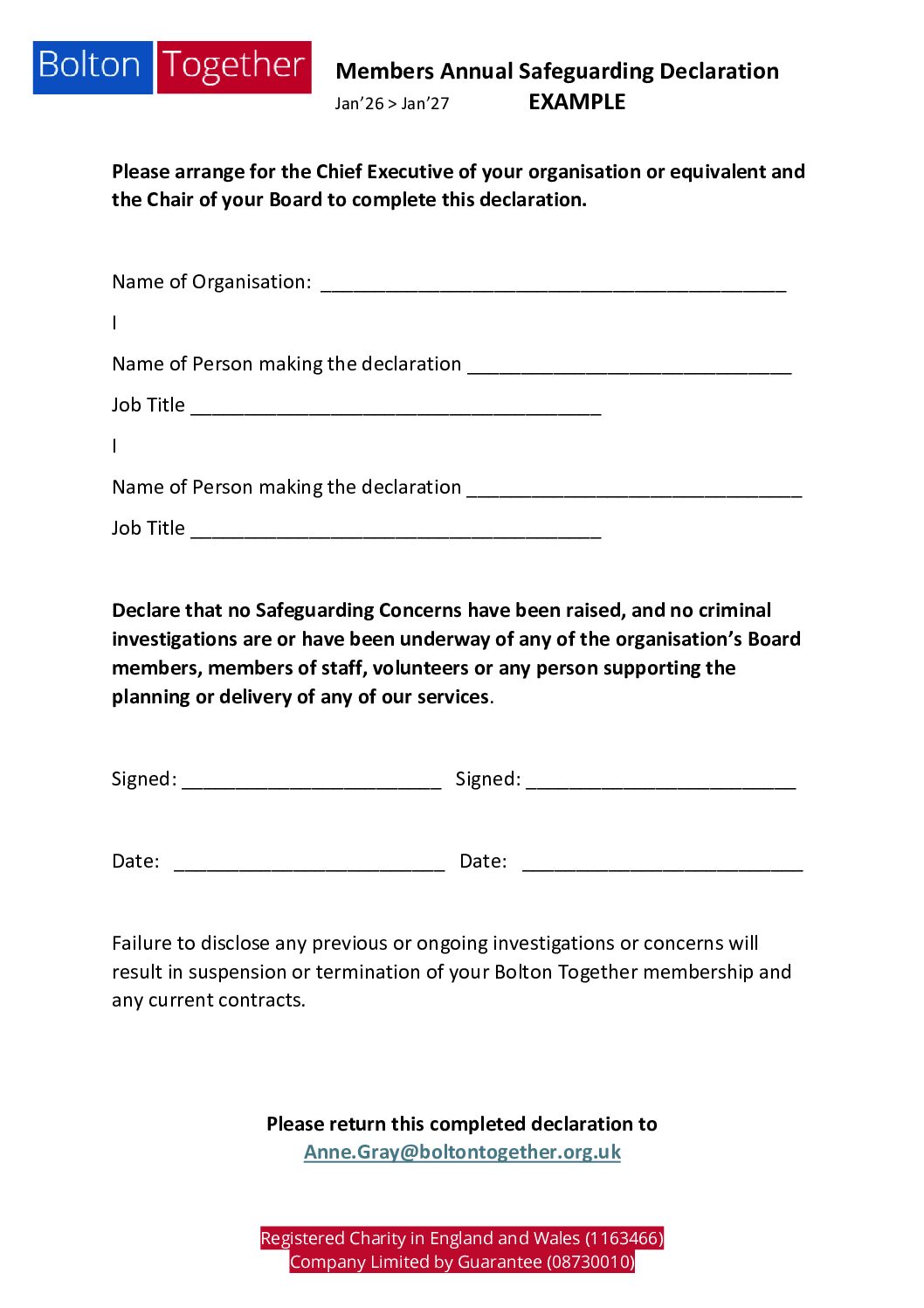 Bolton Together Member Safeguarding Declaration Jan '27 - Example Bolton Together Member's Annual Safeguarding Declaration Example